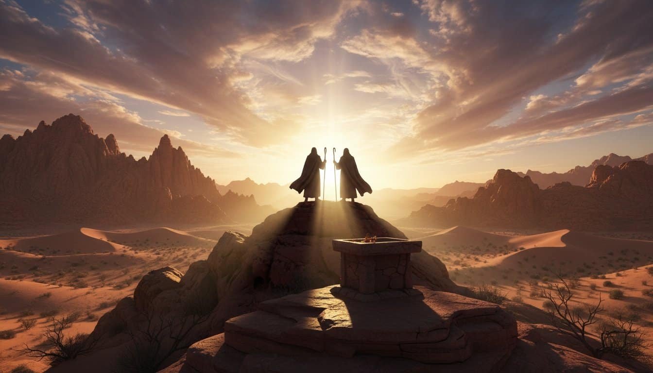 Two biblical figures, Moses and Elijah, appear during a divine transfiguration on a mountain at sunset, symbolizing prophecy fulfillment and spiritual revelation.