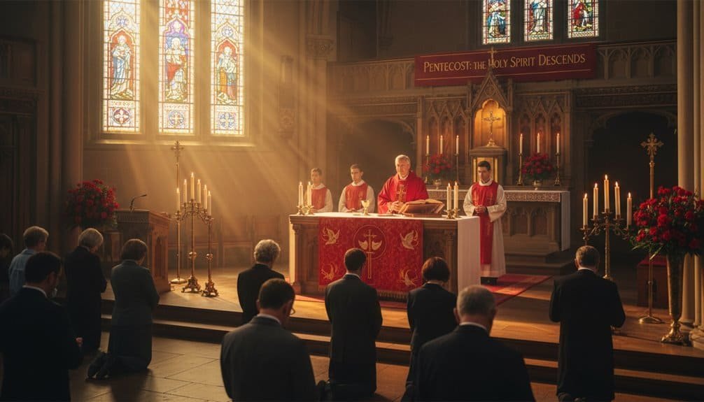 People praying and worshiping during a Whit Sunday church service with priests at the altar, stained glass windows, and candles in a traditional Christian church setting.