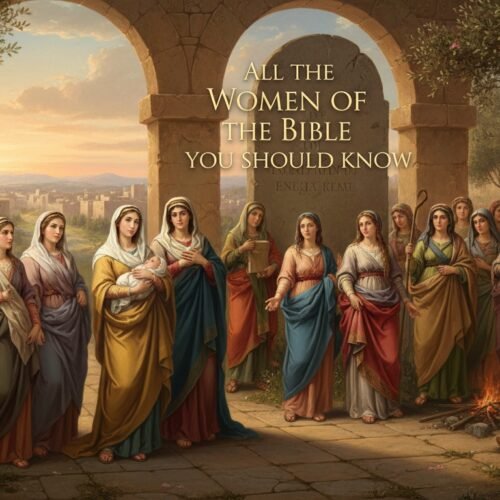 Women from the Bible gathered in a historical setting, listening to a speaker, symbolizing biblical stories of influential women. Perfect for content about biblical women and faith.