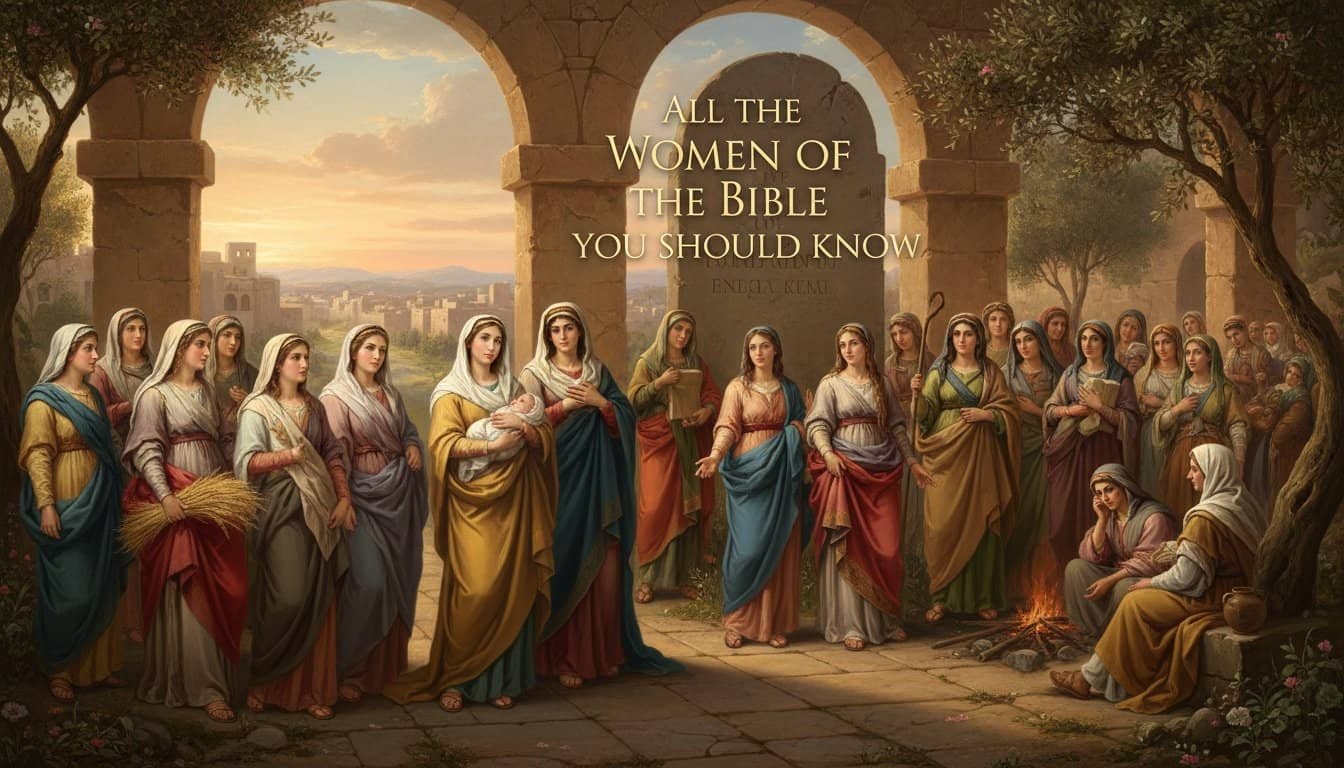 Women from the Bible gathered in a historical setting, listening to a speaker, symbolizing biblical stories of influential women. Perfect for content about biblical women and faith.