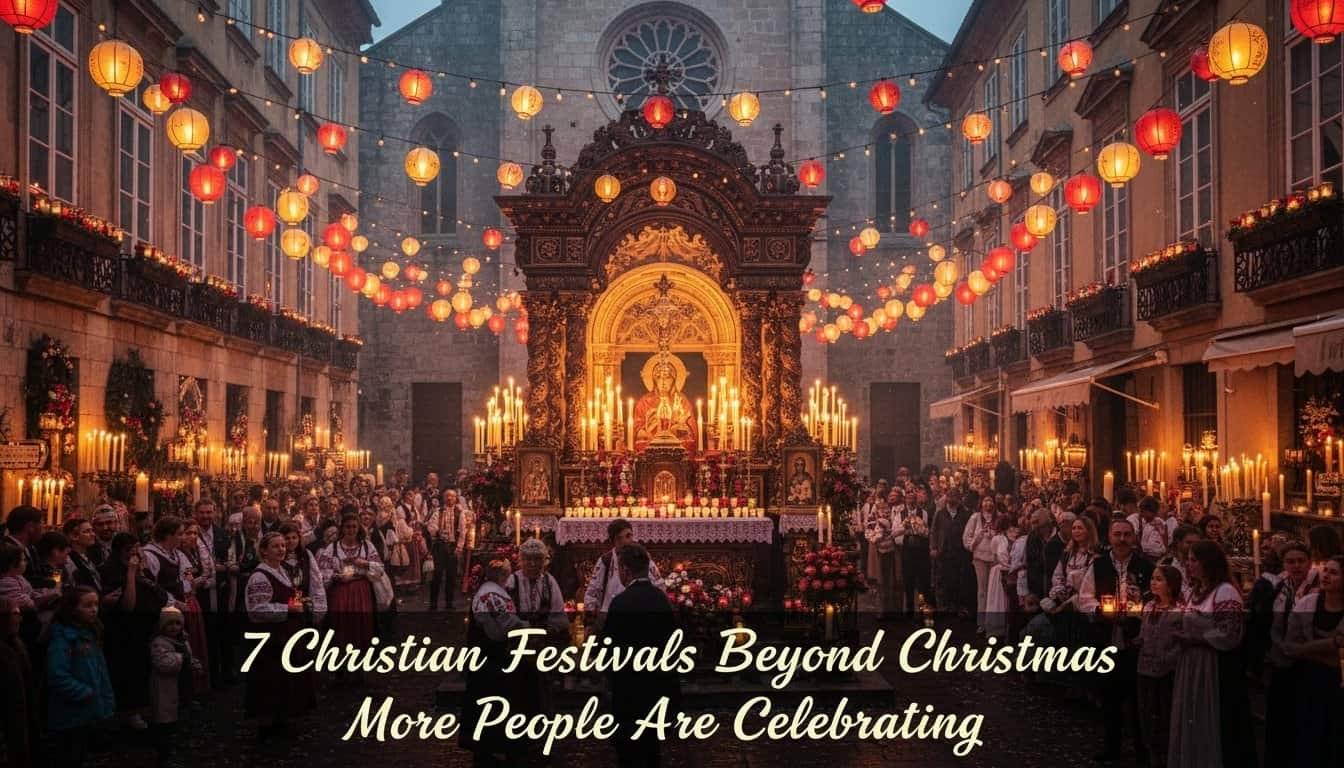 Vibrant scene of a Christian festival with a beautifully decorated altar, lanterns, and a large congregation, highlighting diverse celebrations beyond Christmas.