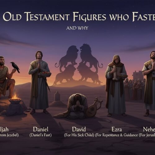 Illustration of seven Old Testament figures who fasted, including Moses, Elijah, Daniel, David, Ezra, Nehemiah, and Esther, highlighting their fasting reasons and biblical stories.