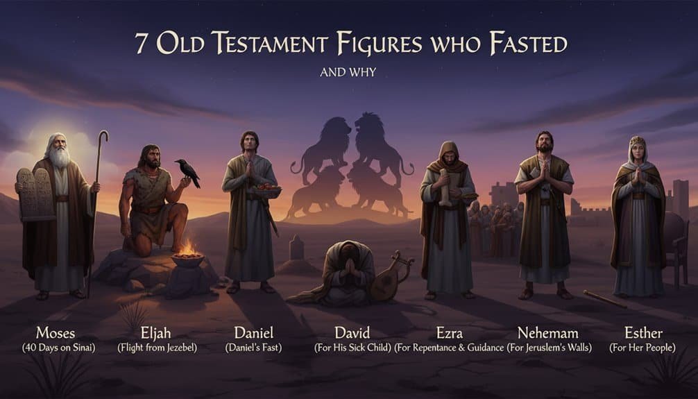 Illustration of seven Old Testament figures who fasted, including Moses, Elijah, Daniel, David, Ezra, Nehemiah, and Esther, highlighting their fasting reasons and biblical stories.