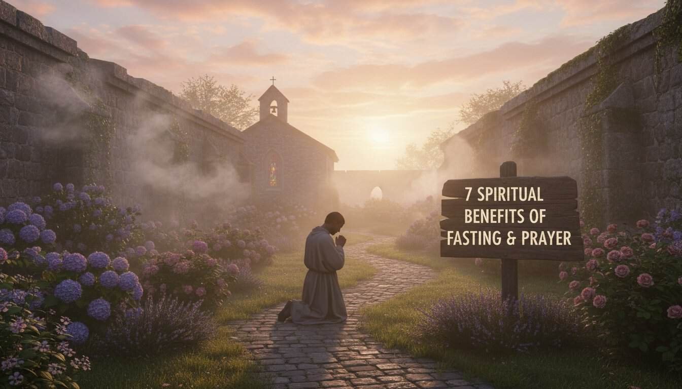 A person praying outdoors at sunrise with a church in the background, highlighting spiritual benefits of biblical fasting and prayer.