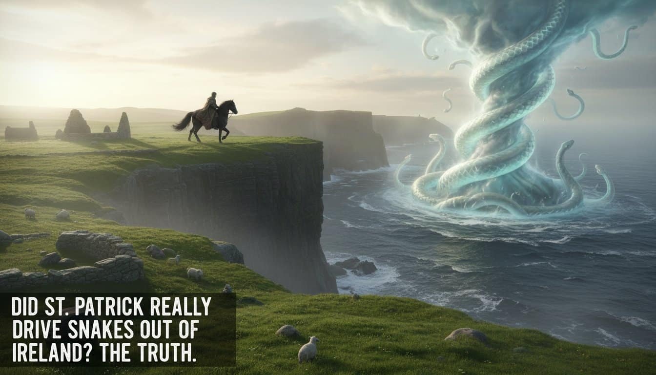 Illustration of St. Patrick riding a horse near Ireland's cliffs with a swirling tornado of snakes in the ocean, symbolizing the legend of driving snakes out of Ireland.