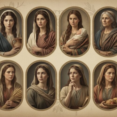 Elegant illustration of ten women from the Bible, showcasing their strength and faith, inspired by the theme "10 Women of the Bible Who Still Inspire Today.".