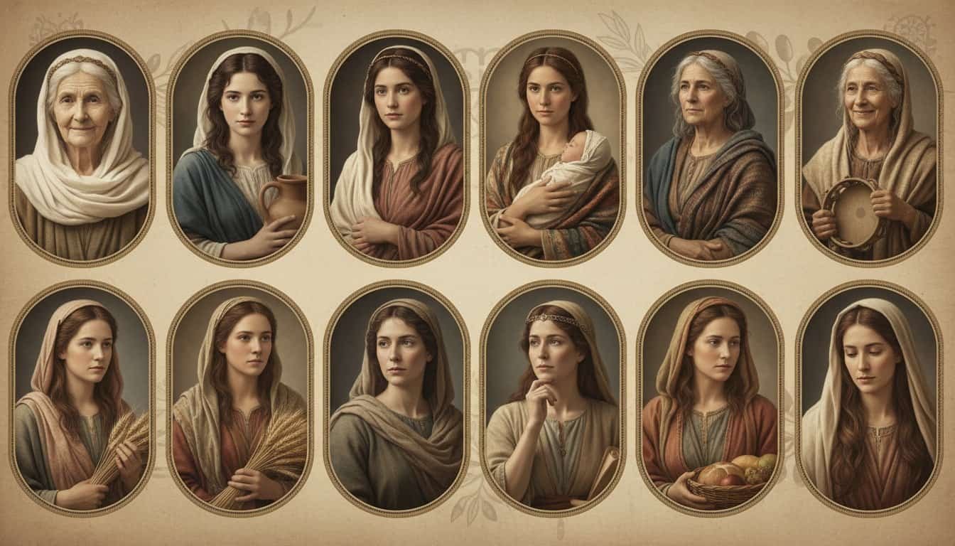Elegant illustration of ten women from the Bible, showcasing their strength and faith, inspired by the theme "10 Women of the Bible Who Still Inspire Today.".