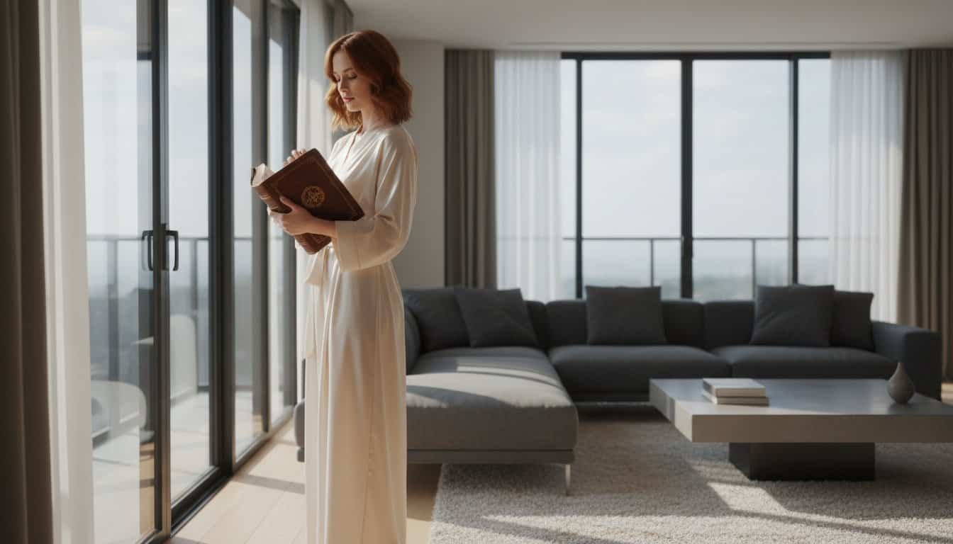 Woman reading the Bible in a bright, modern living room with large windows and natural light.