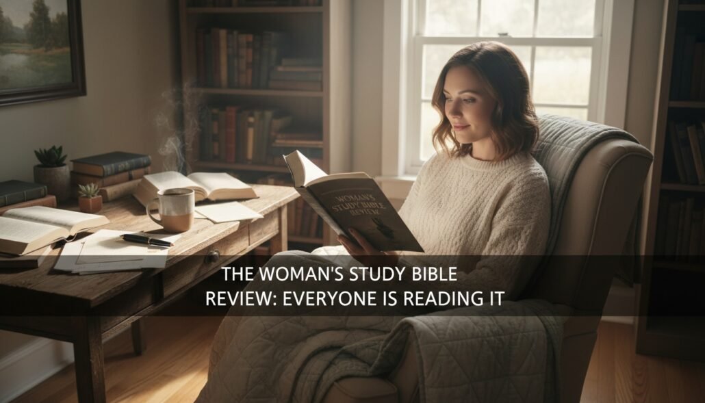 Woman reading The Woman’s Study Bible in a cozy, well-lit room, highlighting the importance of biblical study and reflection for women.