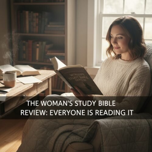 Woman reading The Woman’s Study Bible in a cozy, well-lit room, highlighting the importance of biblical study and reflection for women.