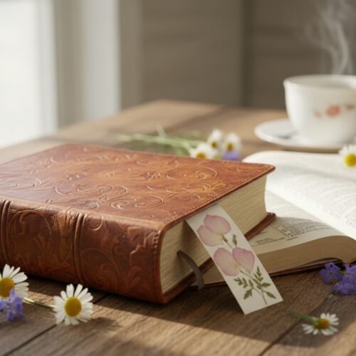 A beautifully embossed leather Bible with a bookmark, surrounded by daisies and lavender on a wooden table, with a steaming cup of tea in the background.