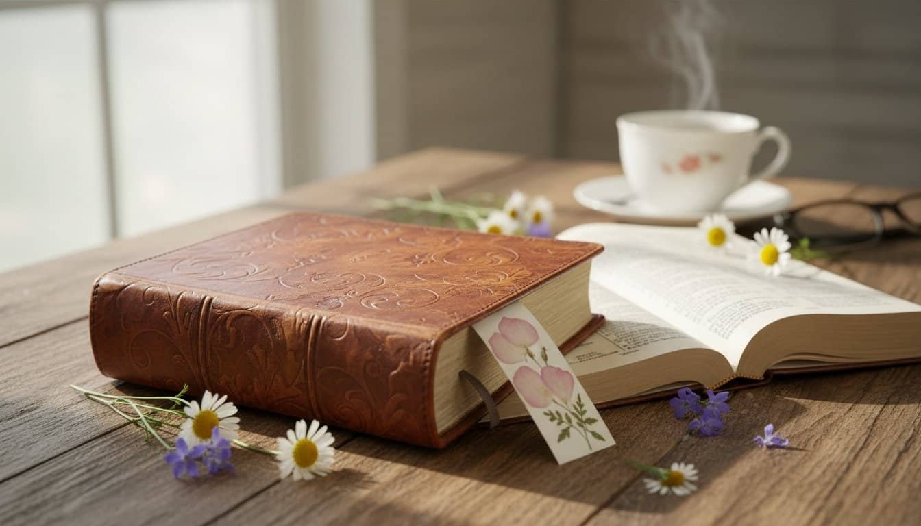 A beautifully embossed leather Bible with a bookmark, surrounded by daisies and lavender on a wooden table, with a steaming cup of tea in the background.