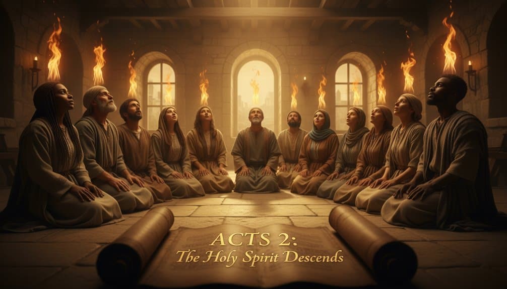 Depiction of Pentecost with apostles gathered in a circle, flames above their heads, and sunlight shining through arched windows, illustrating the descent of the Holy Spirit.