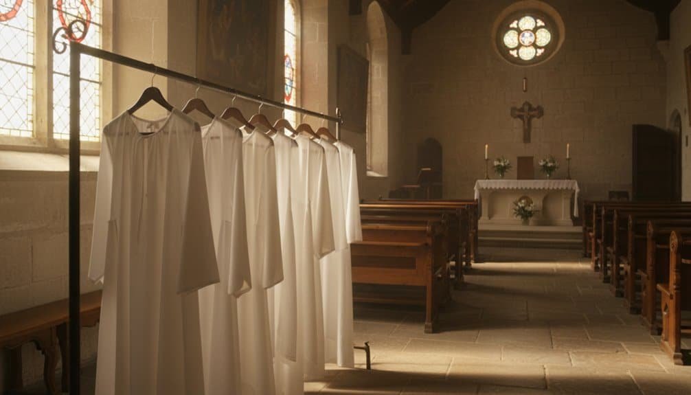White baptismal robes hanging in church for Whit Sunday baptism ceremony.