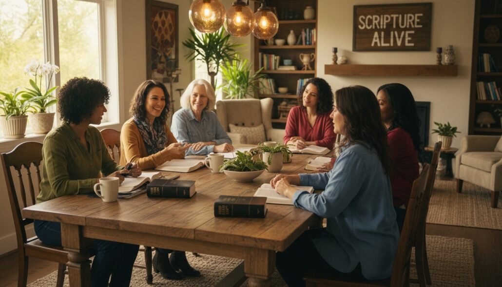 An image of diverse women gathered around a table participating in a Bible study session, focusing on bringing scripture alive through shared faith and community.