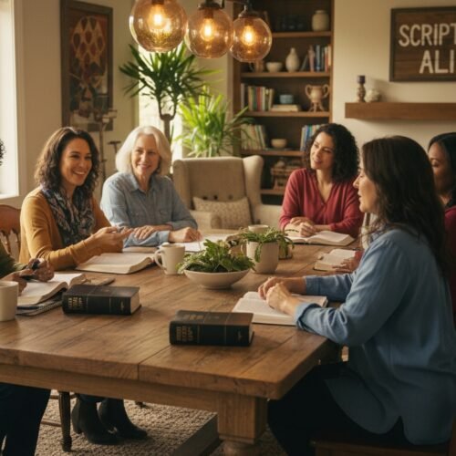 An image of diverse women gathered around a table participating in a Bible study session, focusing on bringing scripture alive through shared faith and community.