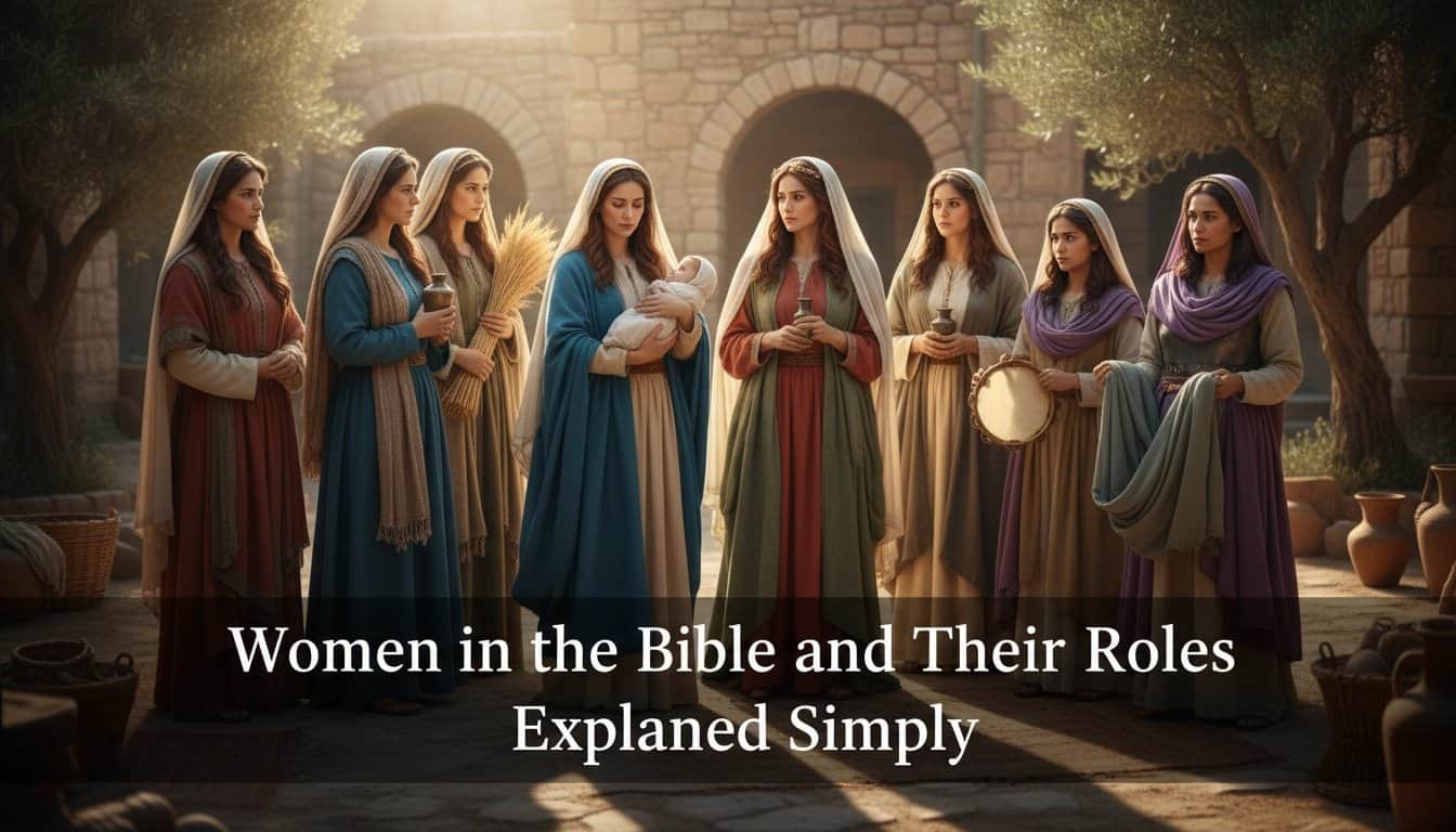 Women in the Bible depicted in a historical setting, highlighting their diverse roles and significance in biblical stories and teachings.