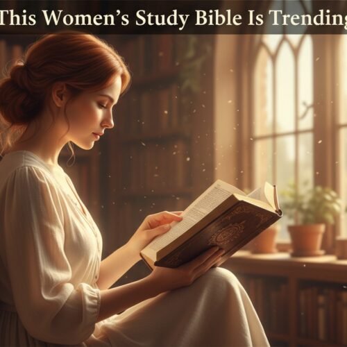 Woman reading a Bible in a cozy library setting with warm sunlight streaming through the window, highlighting the importance of the Women’s Study Bible.