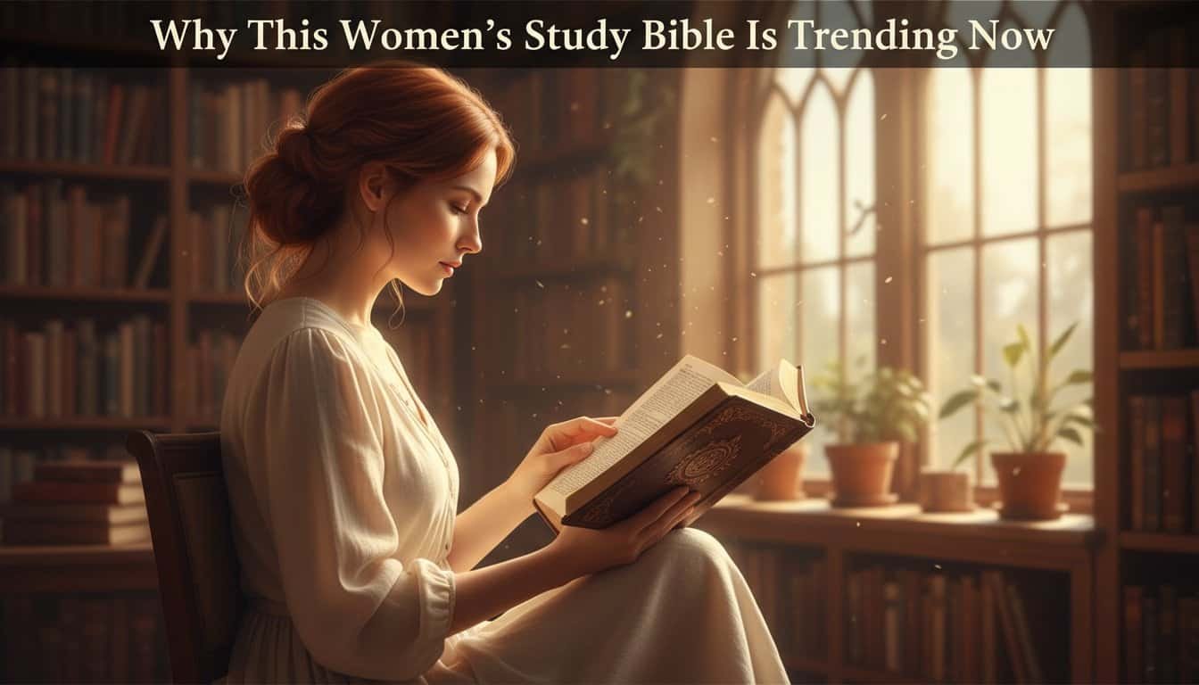 Woman reading a Bible in a cozy library setting with warm sunlight streaming through the window, highlighting the importance of the Women’s Study Bible.