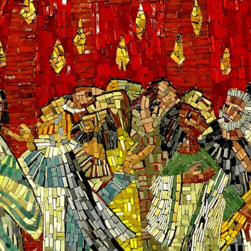 Vibrant mosaic artwork depicting diverse people singing and worshiping together, symbolizing unity and faith in a colorful, artistic style.