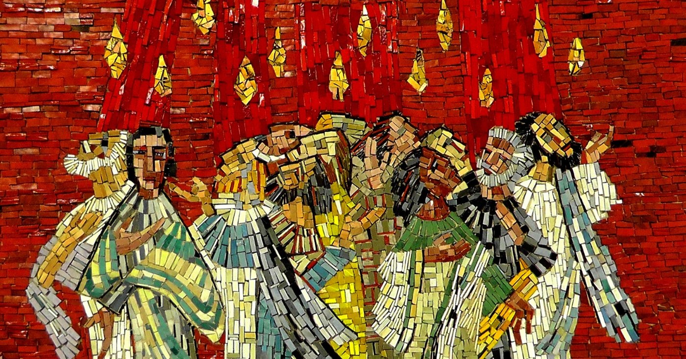 Vibrant mosaic artwork depicting diverse people singing and worshiping together, symbolizing unity and faith in a colorful, artistic style.