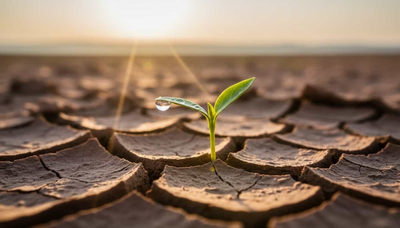 A young green plant sprouting from cracked, dry earth symbolizing renewal and hope in challenging conditions.