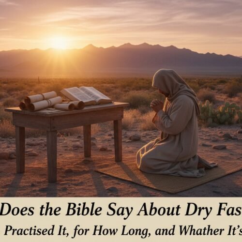 Woman praying and reading the Bible outdoors in a desert landscape at sunset, emphasizing faith and spiritual reflection.