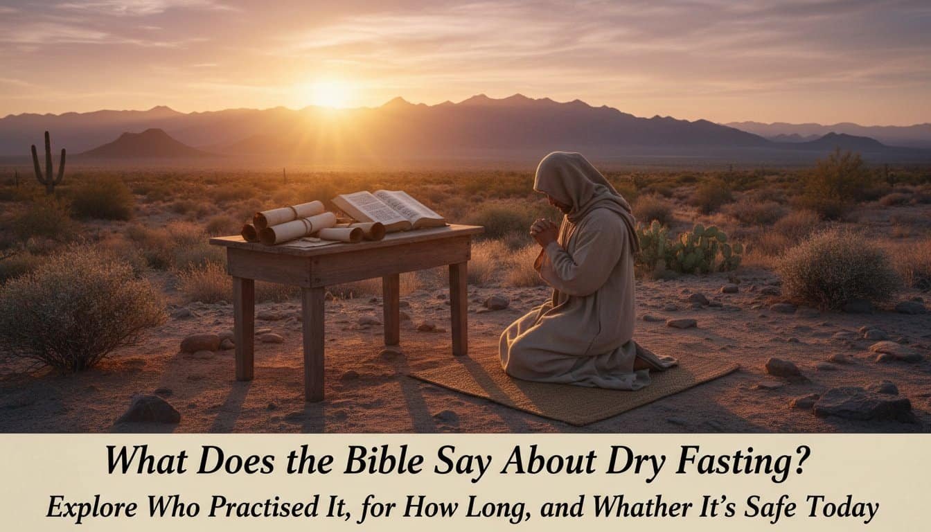 Woman praying and reading the Bible outdoors in a desert landscape at sunset, emphasizing faith and spiritual reflection.