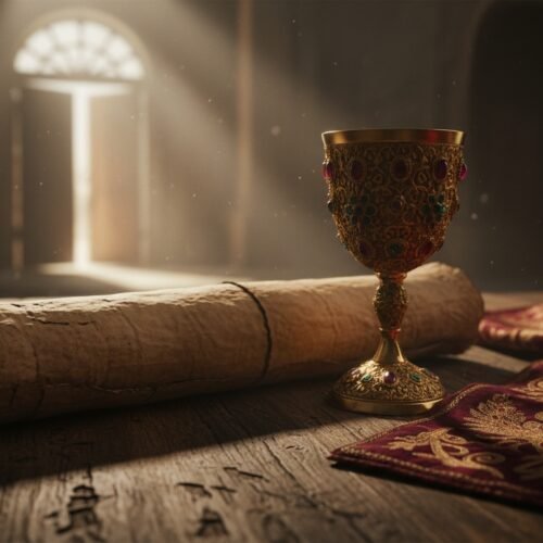 An ancient Bible, a decorative communion chalice, and prayer cloths on a rustic wooden table illuminated by soft sunlight, symbolizing faith and devotion.