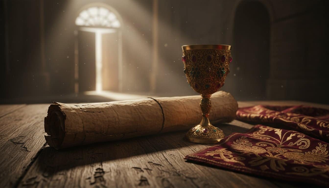 An ancient Bible, a decorative communion chalice, and prayer cloths on a rustic wooden table illuminated by soft sunlight, symbolizing faith and devotion.