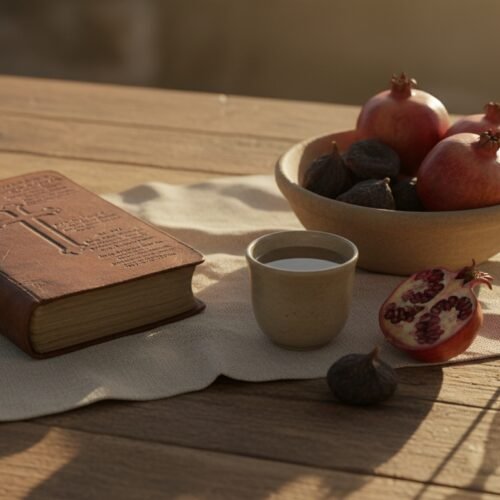 Bible and fruit on wooden table with sunlight, spiritual and healthy lifestyle concept.