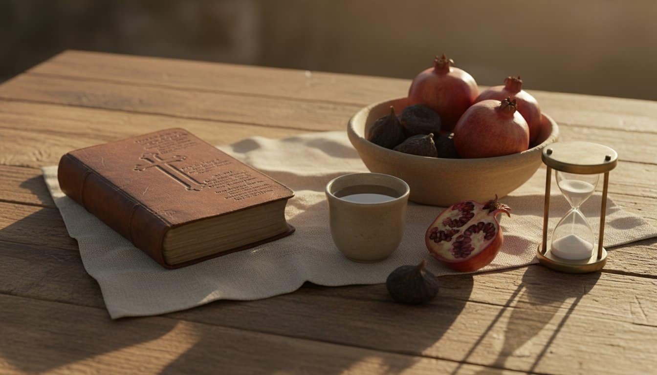 Biblical Intermittent Fasting — Is It the Same as Modern IF? My Bible Song 2026 Bible and fruit on wooden table with sunlight, spiritual and healthy lifestyle concept.