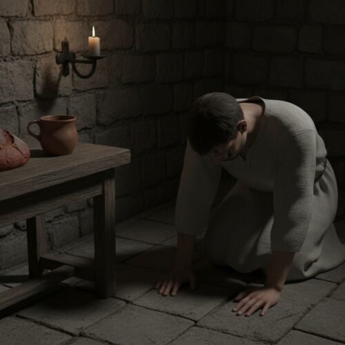 A woman dressed in white praying on her knees in a dimly lit stone room, with a small wooden table holding bread, a clay jar, and a candle on the wall, creating a spiritual and contemplative atmospher.