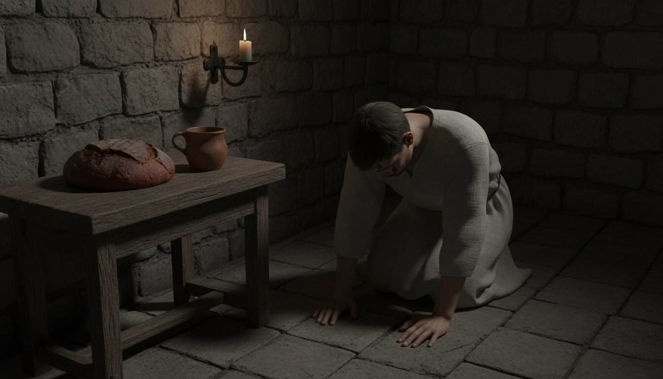 Bread and Water Fast in the Bible – Mourning & Repentance My Bible Song 2026 A woman dressed in white praying on her knees in a dimly lit stone room, with a small wooden table holding bread, a clay jar, and a candle on the wall, creating a spiritual and contemplative atmospher.