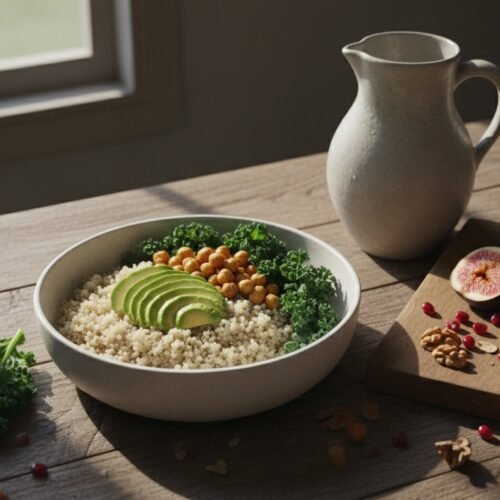 No Meat Fast in the Bible — Plant-Based Fasting Explained My Bible Song 2026 Healthy Mediterranean salad bowl with avocado, chickpeas, broccoli, and quinoa, served with pomegranate and herbs on a rustic wooden table.
