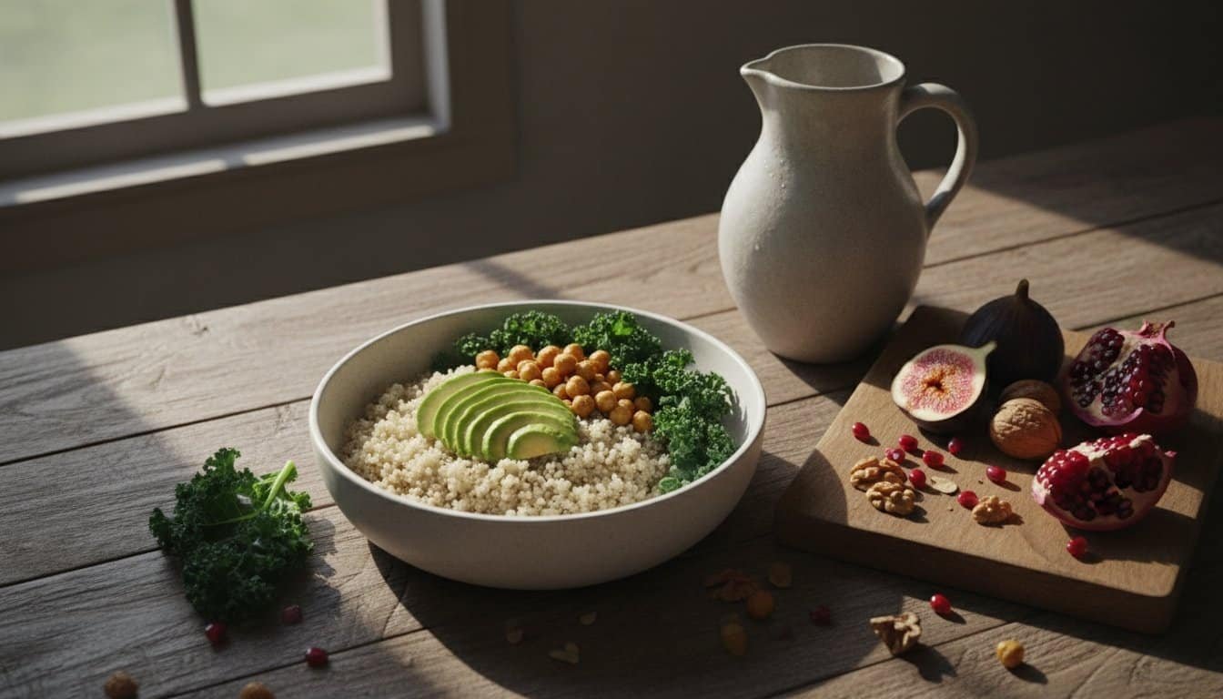 Healthy Mediterranean salad bowl with avocado, chickpeas, broccoli, and quinoa, served with pomegranate and herbs on a rustic wooden table.