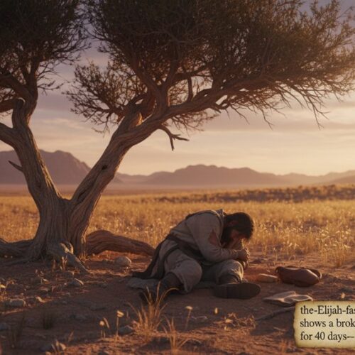 A person kneeling in prayer under a large tree in a desert landscape at sunset, illustrating faith and devotion from the Bible.