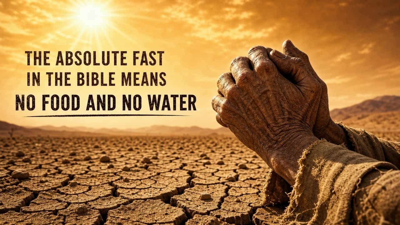 The Absolute Fast in the Bible Means No Food and No Water. See Who Did It, Why, and for How Long. My Bible Song 2026 Praying hands over cracked dry earth during a drought, symbolizing faith and hope in God's provision in difficult times.