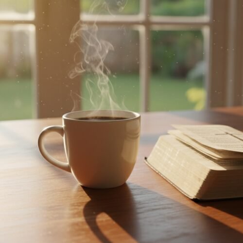 Warm morning scene with a steaming coffee mug and open Bible on a wooden table near a window, symbolizing peaceful Bible study and reflection.