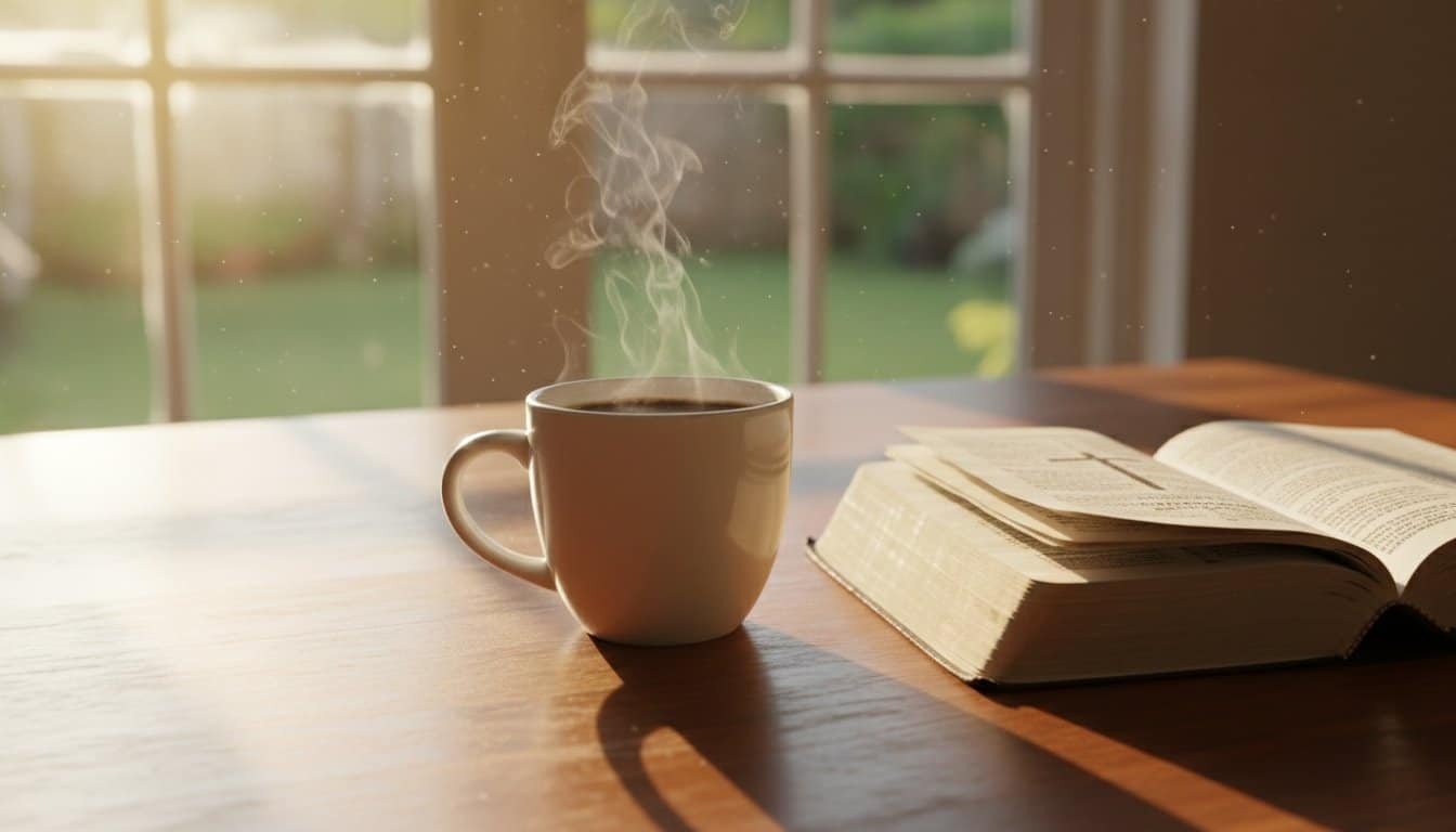 Warm morning scene with a steaming coffee mug and open Bible on a wooden table near a window, symbolizing peaceful Bible study and reflection.