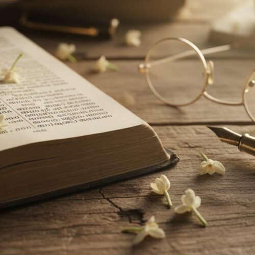 Bible Verses for Students in Malayalam — Exam & Study Encouragement My Bible Song 2026 Open Bible with reading glasses and pen on wooden table, surrounded by small white flowers, ideal for Christian study and prayer.