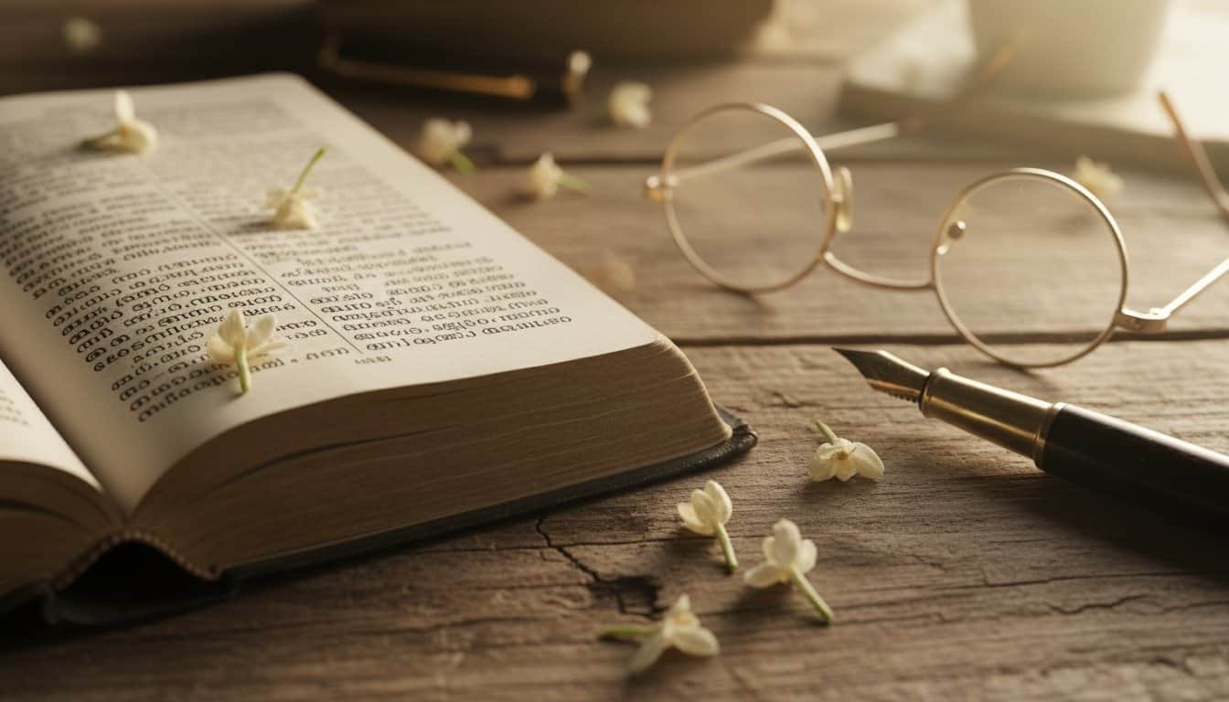 Bible Verses for Students in Malayalam — Exam & Study Encouragement My Bible Song 2026 Open Bible with reading glasses and pen on wooden table, surrounded by small white flowers, ideal for Christian study and prayer.