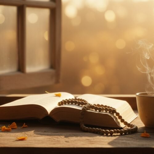 Open Bible with prayer beads and steaming coffee on a windowsill, symbolizing faith, prayer, and reflection in a peaceful spiritual setting.