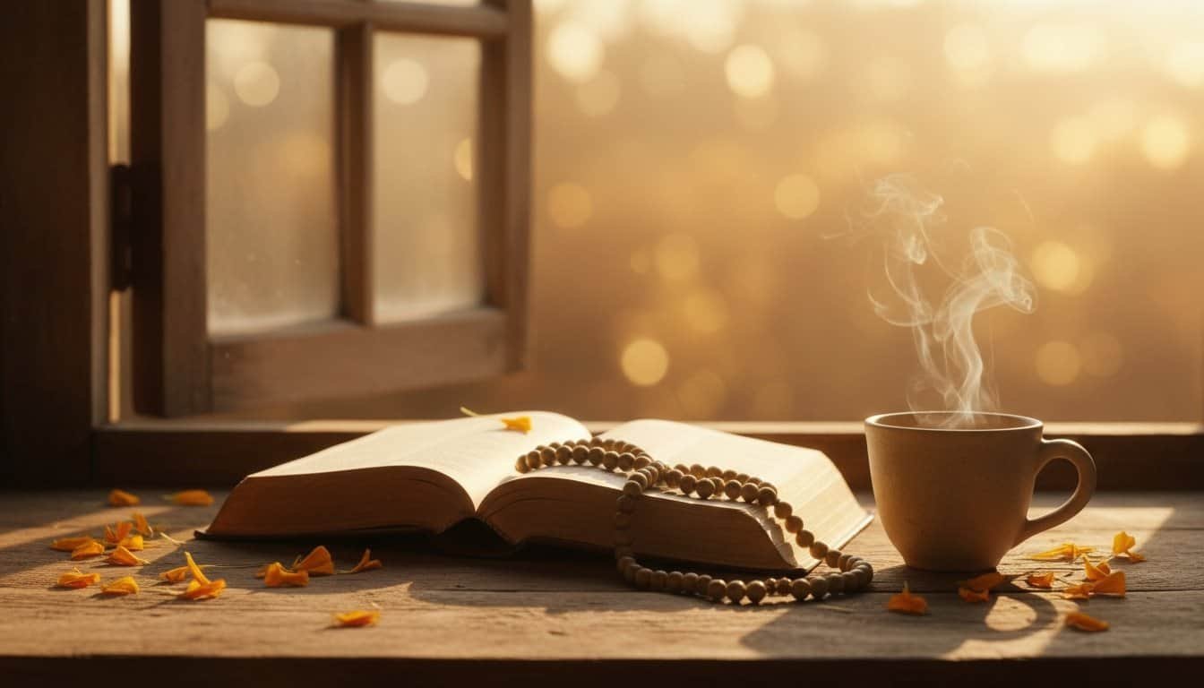 30 Morning Bible Verses in Hindi, Gujarati and English — Start Your Day With God My Bible Song 2026 Open Bible with prayer beads and steaming coffee on a windowsill, symbolizing faith, prayer, and reflection in a peaceful spiritual setting.