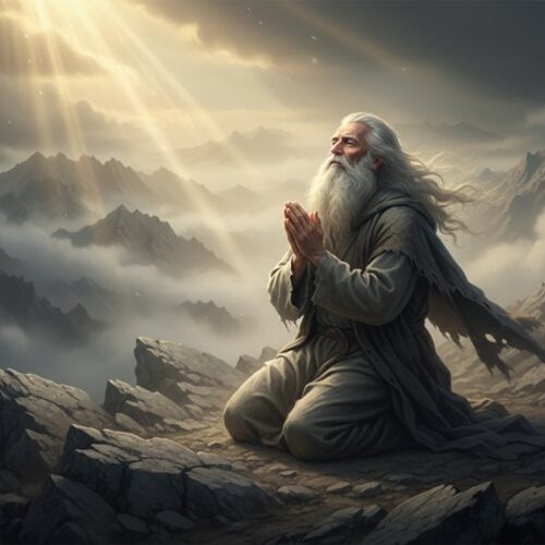 A wise man with a long white beard kneeling and praying on rocky mountain terrain during sunset, symbolizing faith and devotion in a spiritual landscape.