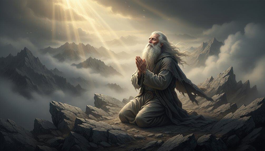 A wise man with a long white beard kneeling and praying on rocky mountain terrain during sunset, symbolizing faith and devotion in a spiritual landscape.