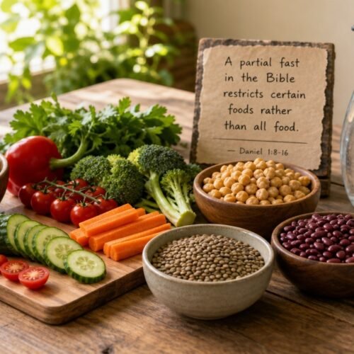 Fresh vegetables, legumes, and water on a wooden table with a Bible verse about fasting in the background, promoting healthy eating and spiritual fasting.