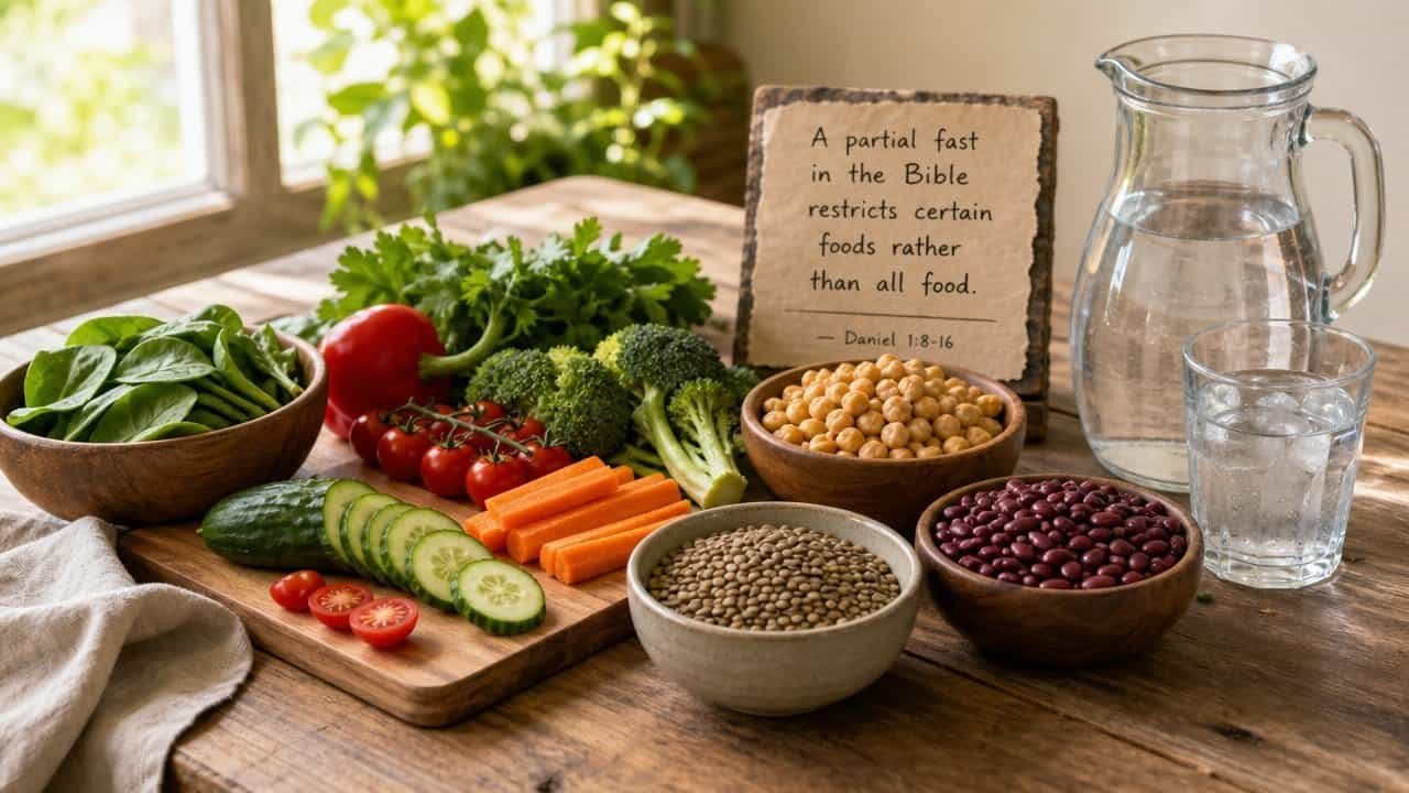 Fresh vegetables, legumes, and water on a wooden table with a Bible verse about fasting in the background, promoting healthy eating and spiritual fasting.