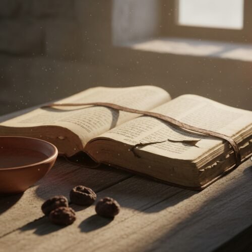 Open Bible on a wooden table with a lit candle, bowl, and nuts, creating a peaceful setting for prayer and reflection.