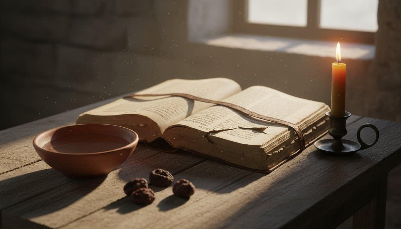 Open Bible on a wooden table with a lit candle, bowl, and nuts, creating a peaceful setting for prayer and reflection.